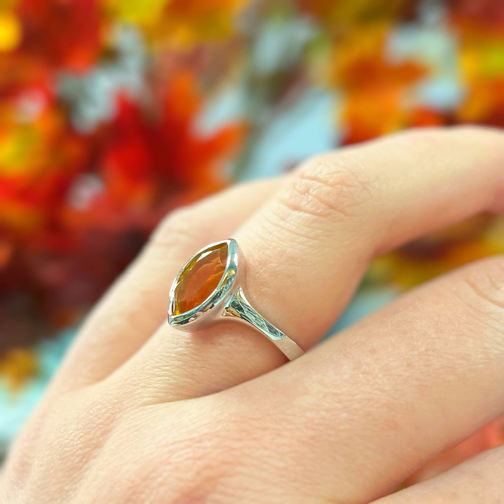 Bezel-Set Marquise-Shaped Madeira Citrine Sterling Silver Ring | Size M ½