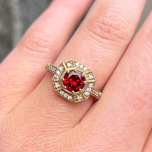 Art Deco Inspired Octagonal 9ct Yellow Gold Garnet and Diamond Ring - Size M ½