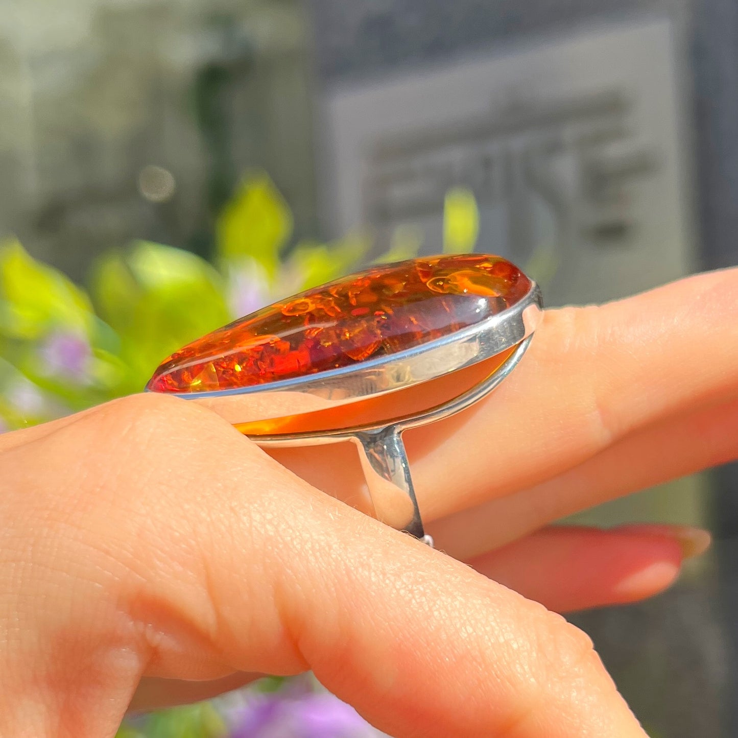 Super Chunky Sterling Silver Orange Amber Ring - Size U