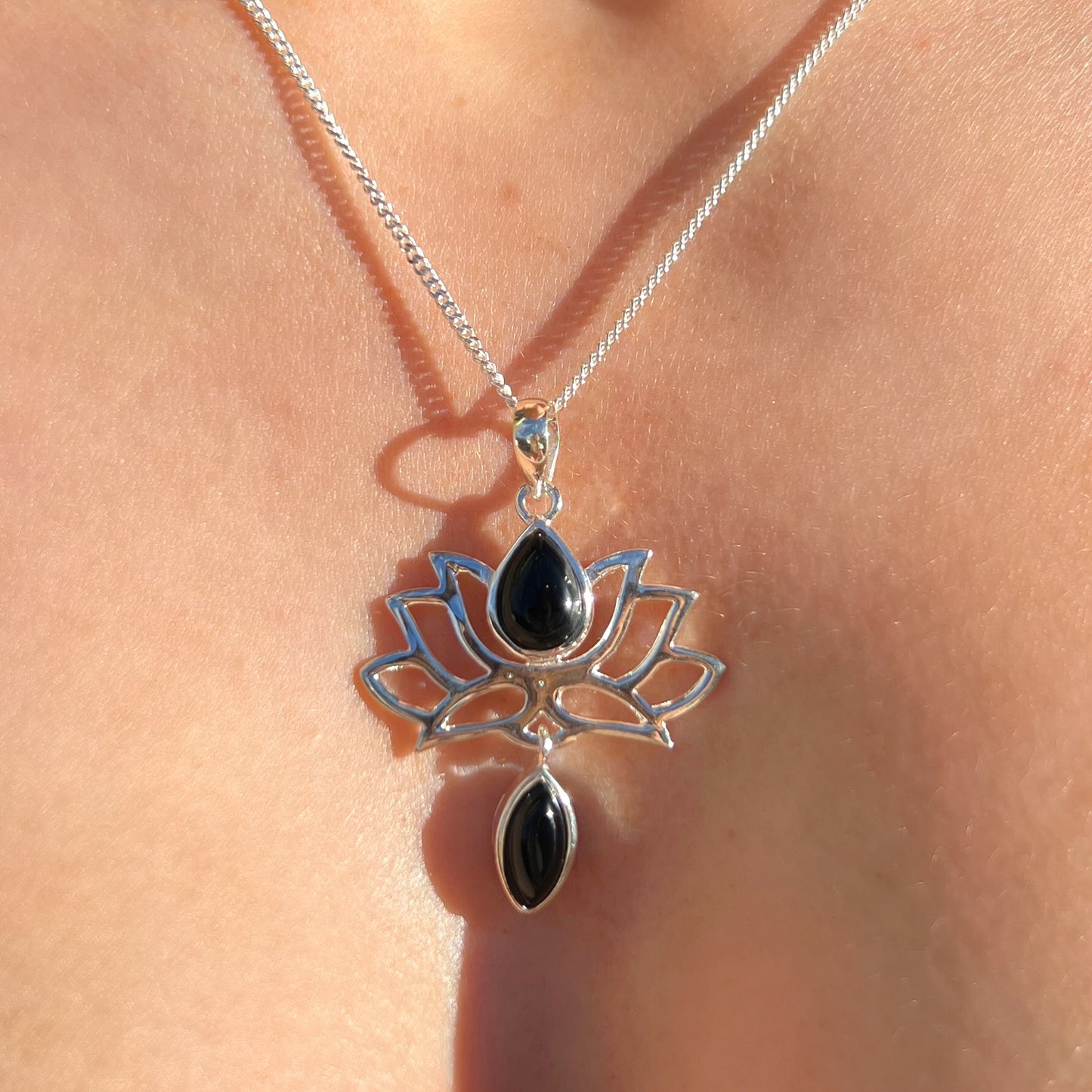 Sterling Silver Black Onyx Lotus Flower Necklace