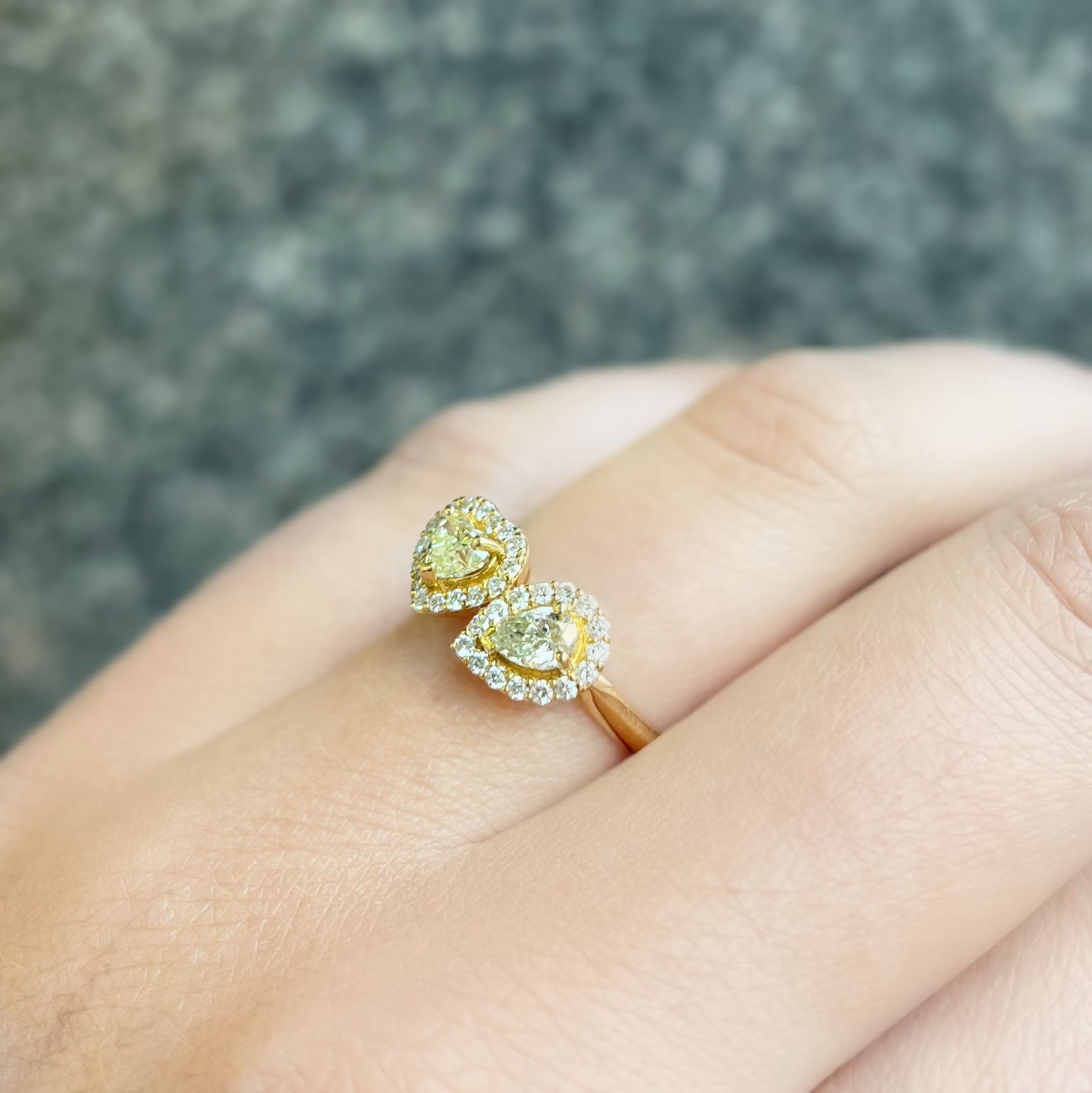 'The Lovers' Natural Yellow Diamond 18ct Yellow Gold Heart & Pear Cut Toi et Moi Ring | Size M ½