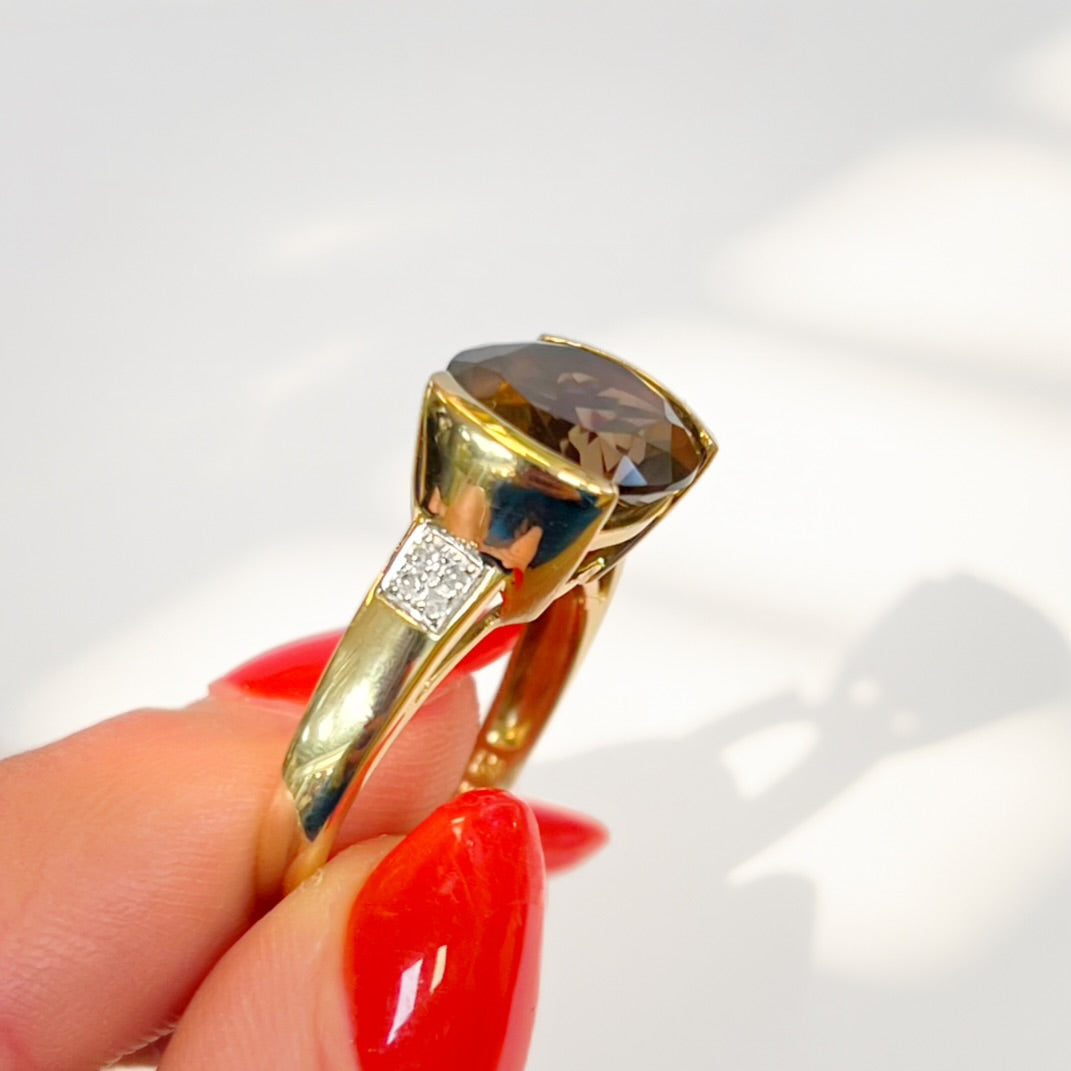 Vintage 9ct Yellow Gold Smoky Quartz and Diamond Cocktail Ring - Size M ½