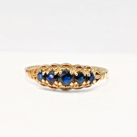 Vintage 9ct Yellow Gold Edwardian Inspired 5 Stone Sapphire Ring - Size Q