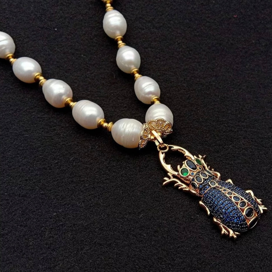 Pre-Order | Blue Pave Scarab Beetle Pearl 18ct Gold Plated Necklace