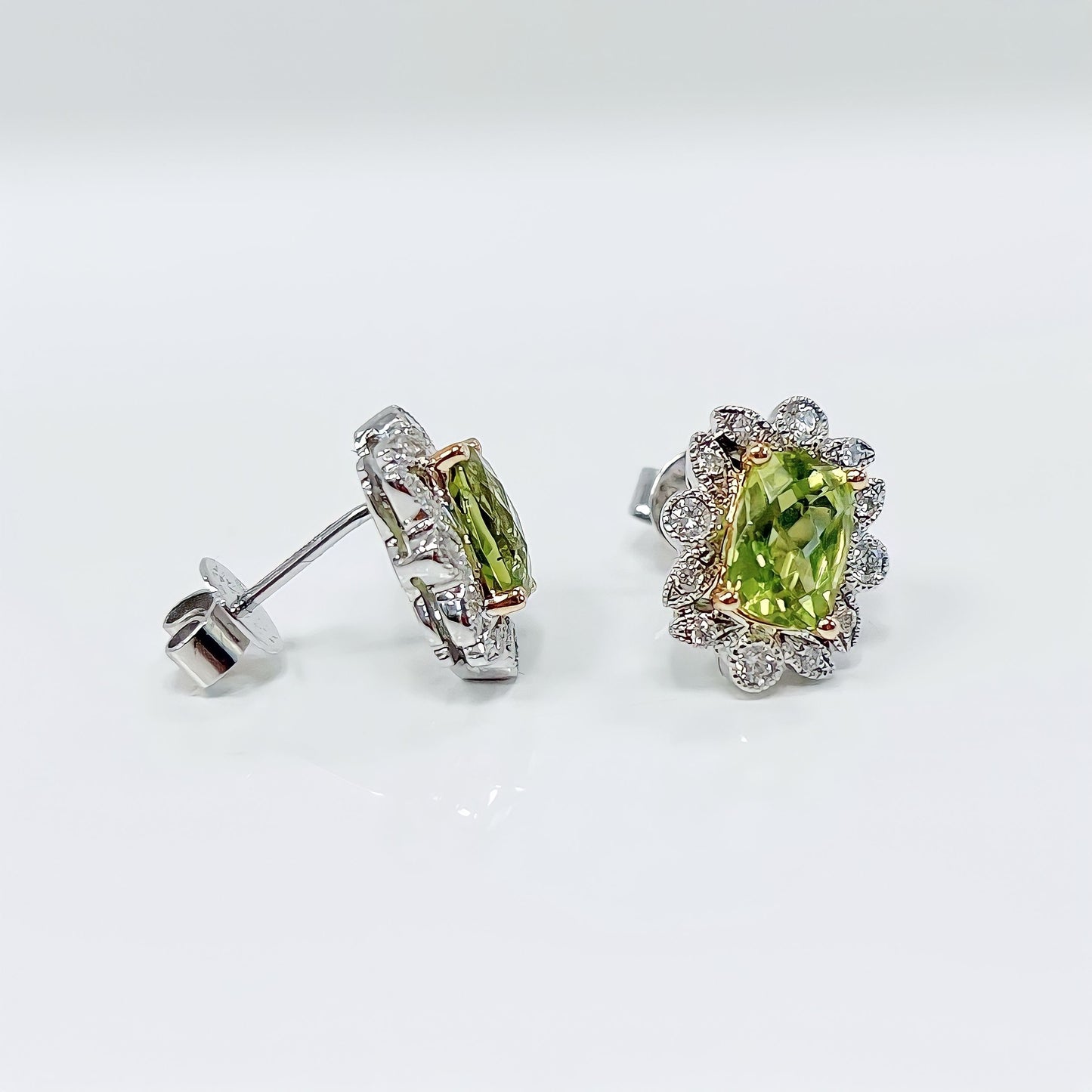 9ct White Gold Peridot and Diamond Cluster Earrings