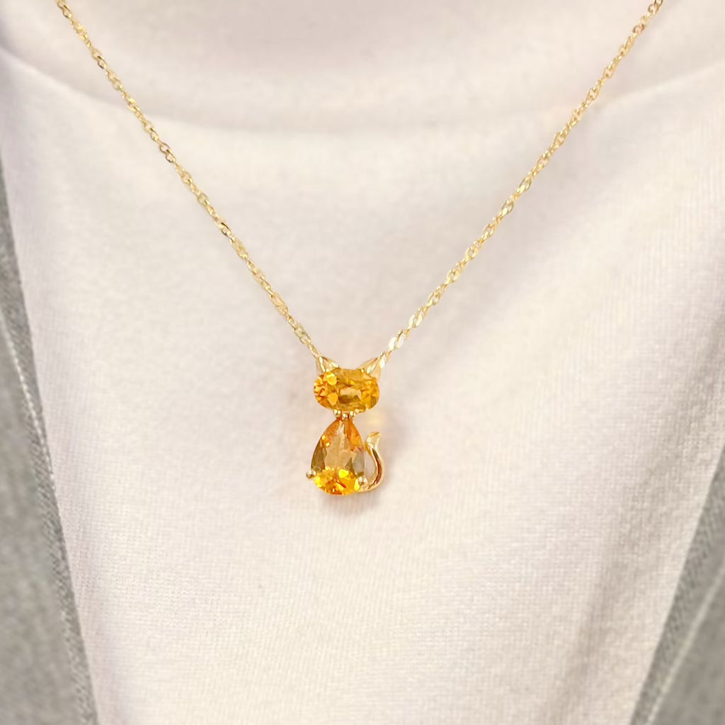 Citrine 9ct Yellow Gold Ginger Cat Dainty Necklace