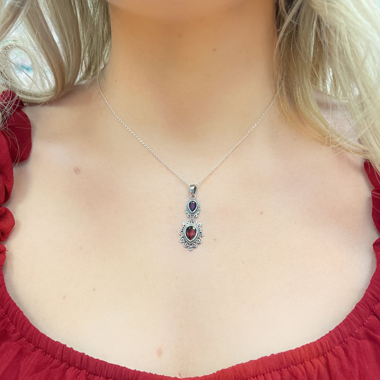 Sterling Silver Boho Inspired Pear Shaped Garnet Necklace