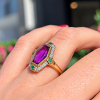 Art Deco Reproduction Amethyst Emerald and Diamond 9ct Yellow Gold Ring | Size N