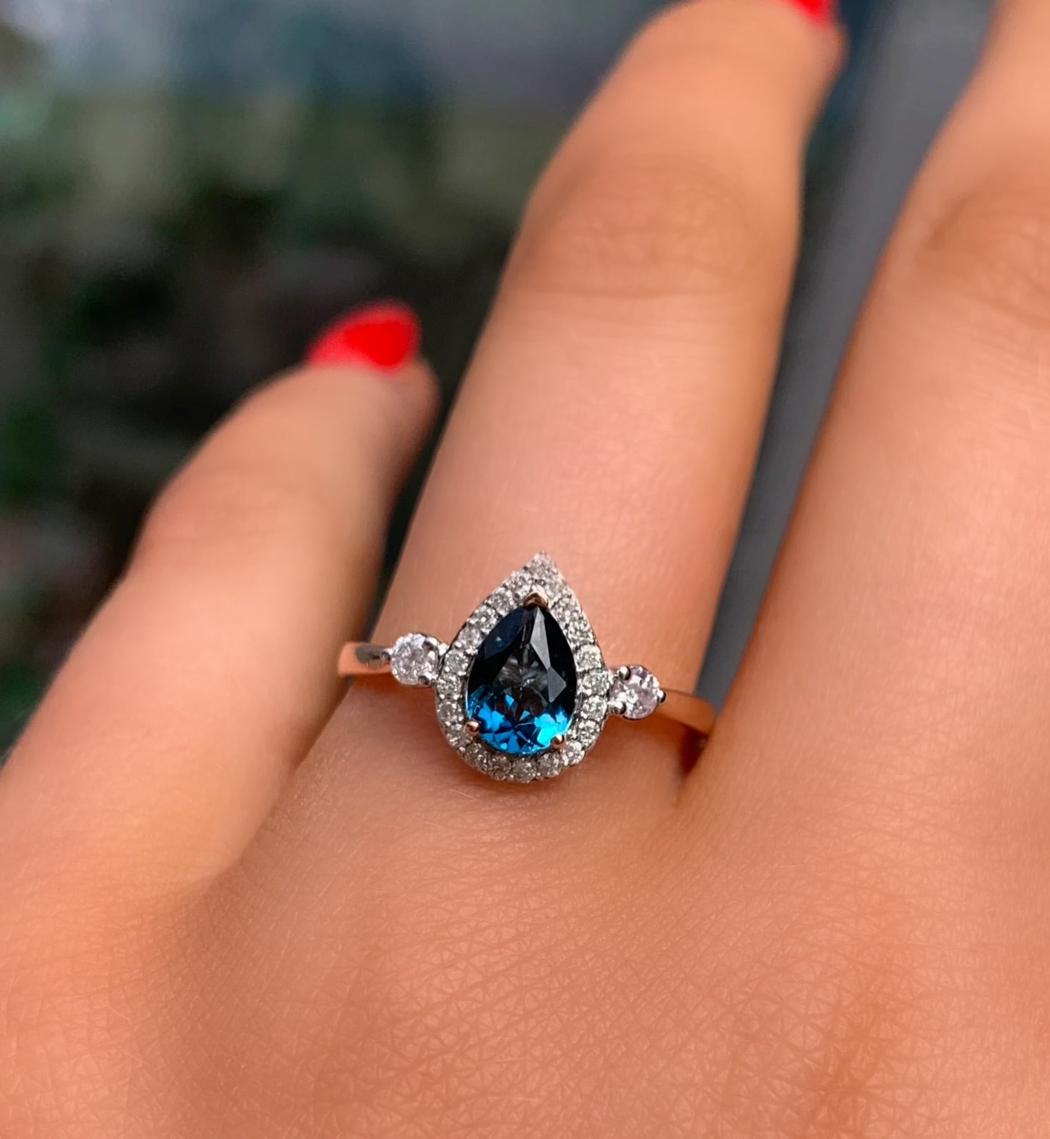 London Blue Topaz and Diamond 9ct Rose Gold Ring | Size M