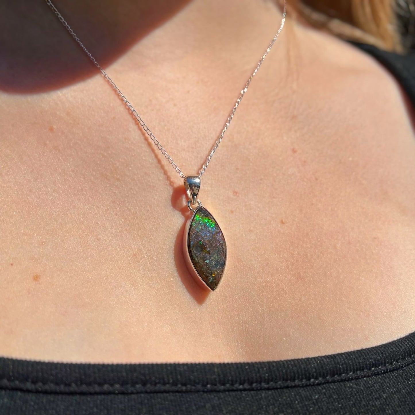 RARE Sterling Silver Fossilied Ammolite Marquise-Shaped Necklace
