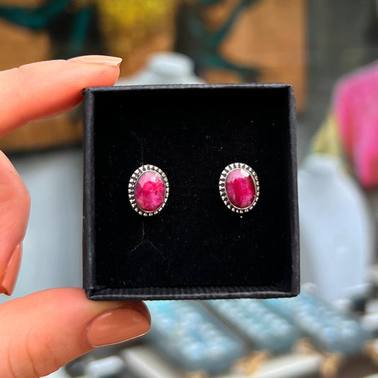 Oval Cut Bohemian Bezel Set Sterling Silver Red Ruby Stud Earrings