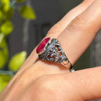 Pear Cut Ruby Sterling Silver Boho Chunky Ring | Size O