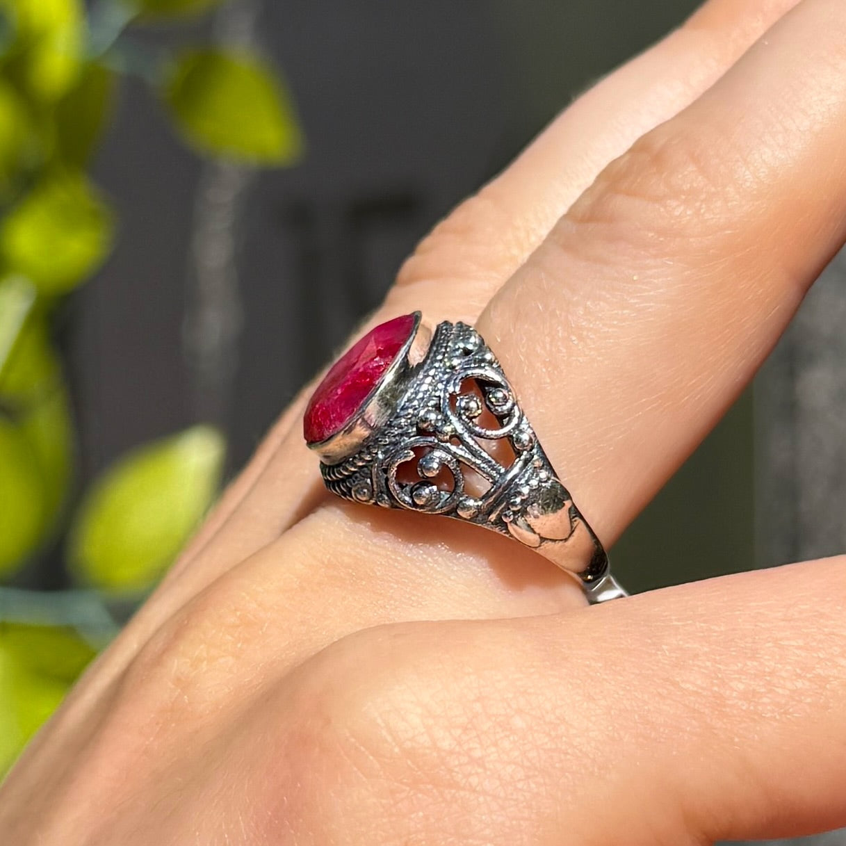 Pear Cut Ruby Sterling Silver Boho Chunky Ring | Size O