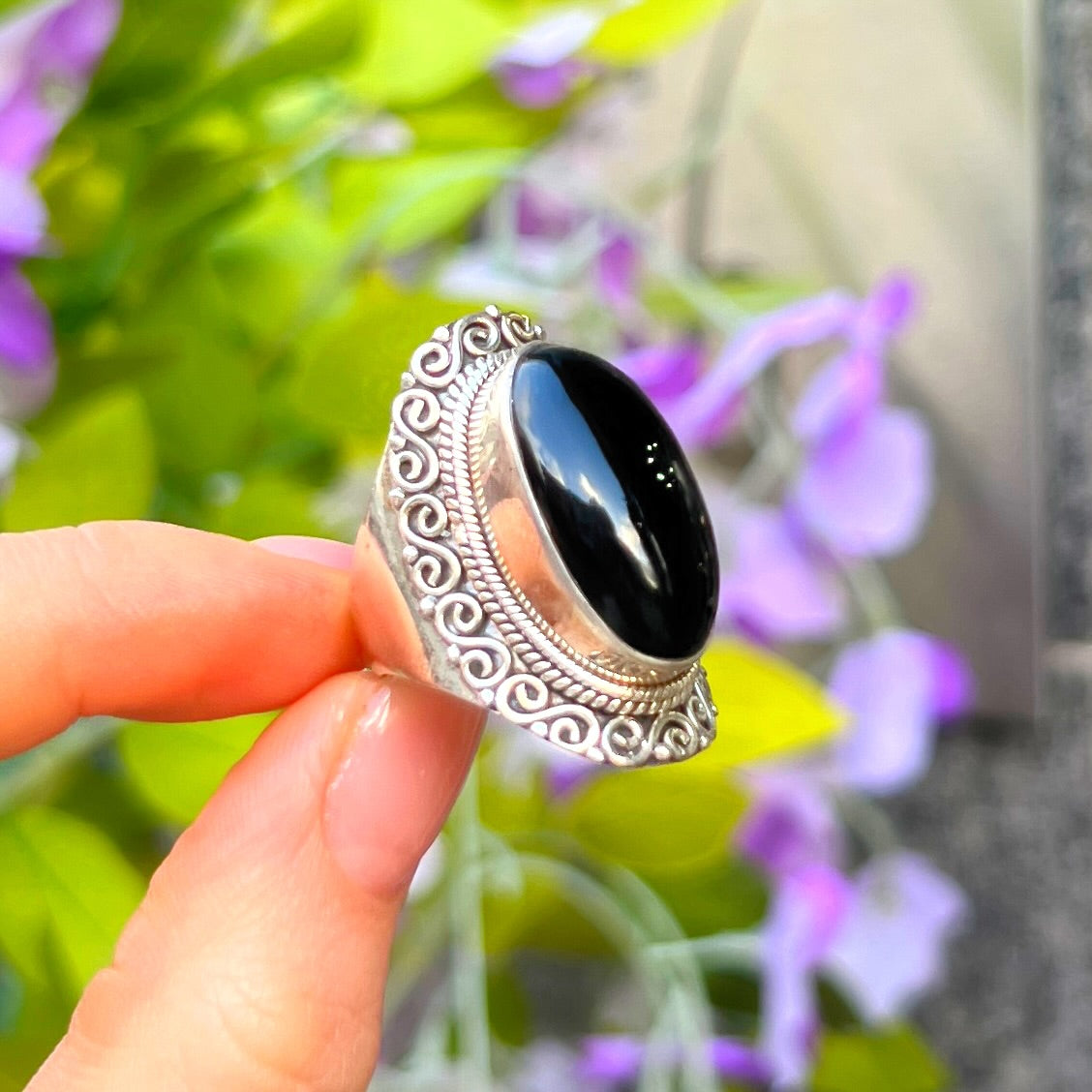 Sterling Silver Bohemian Black Onyx Ring - Size O