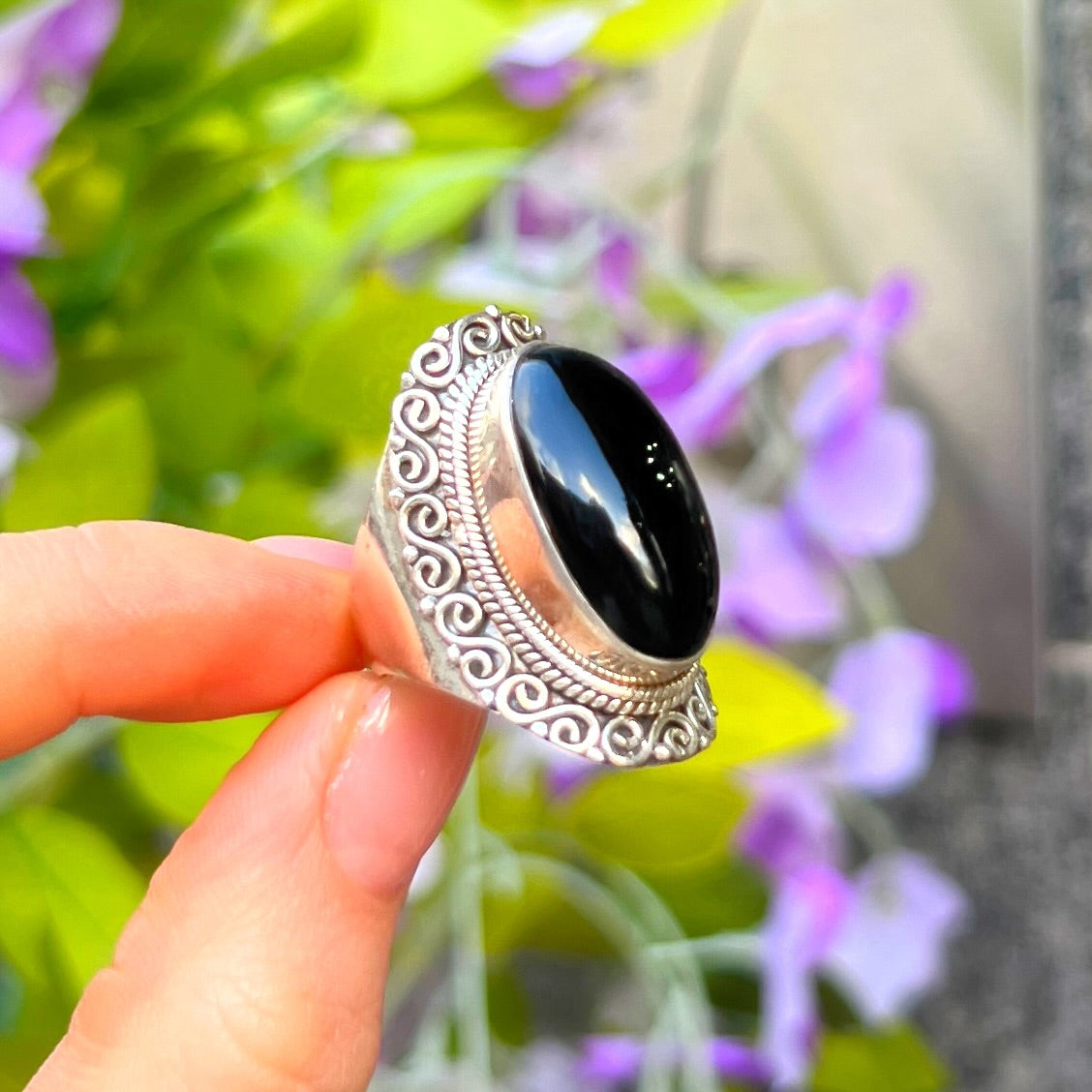 Onyx Sterling Silver Bohemian Ring | Size O
