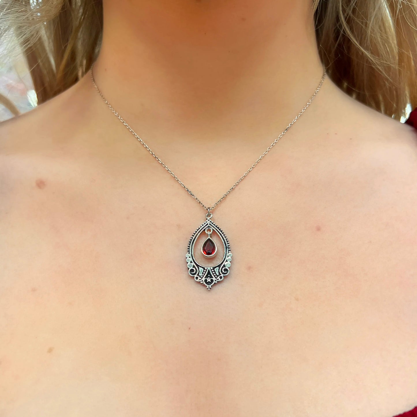 Beautiful Boho Inspired Sterling Silver Filigree Red Garnet Necklace