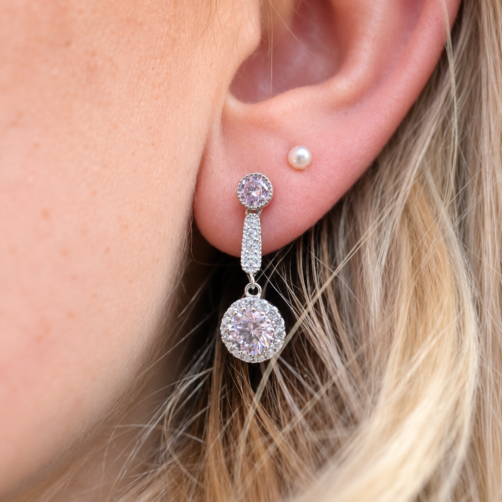 Pink Cubic Zirconia Sterling Silver Drop Earrings