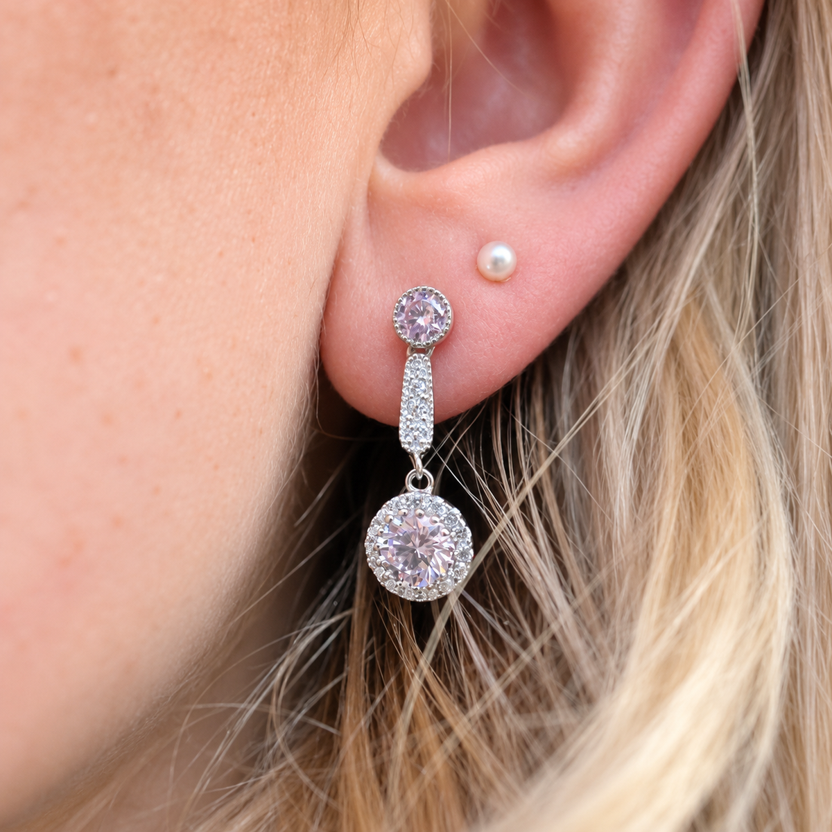 Pink Cubic Zirconia Sterling Silver Drop Earrings