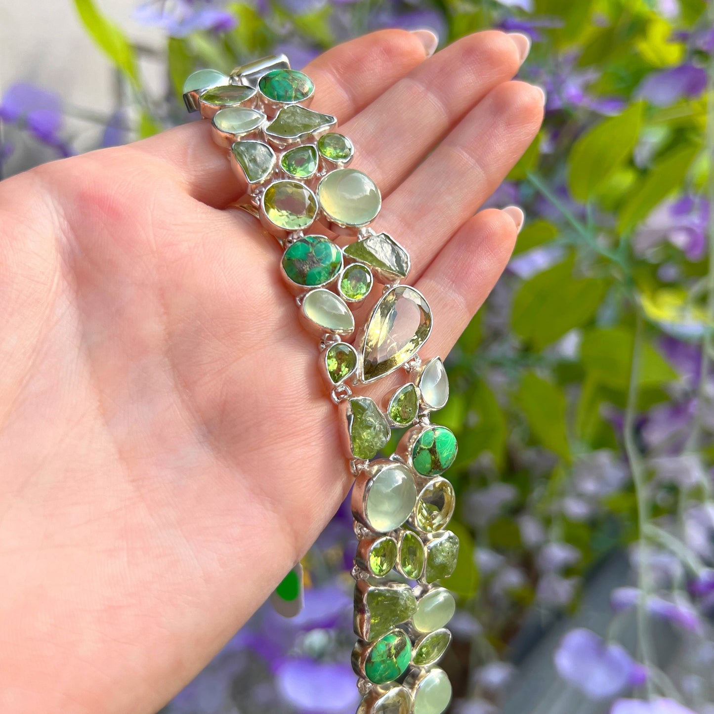 Chunky Bohemian Green Amethyst, Kyanite, Prehnite, Peridot, Turquoise & Lemon Topaz Sterling Silver Bracelet