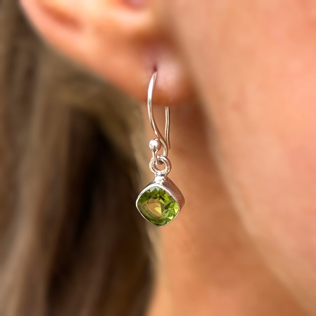 Dainty Minimalistic Offset Square Sterling Silver Peridot Drop Earrings