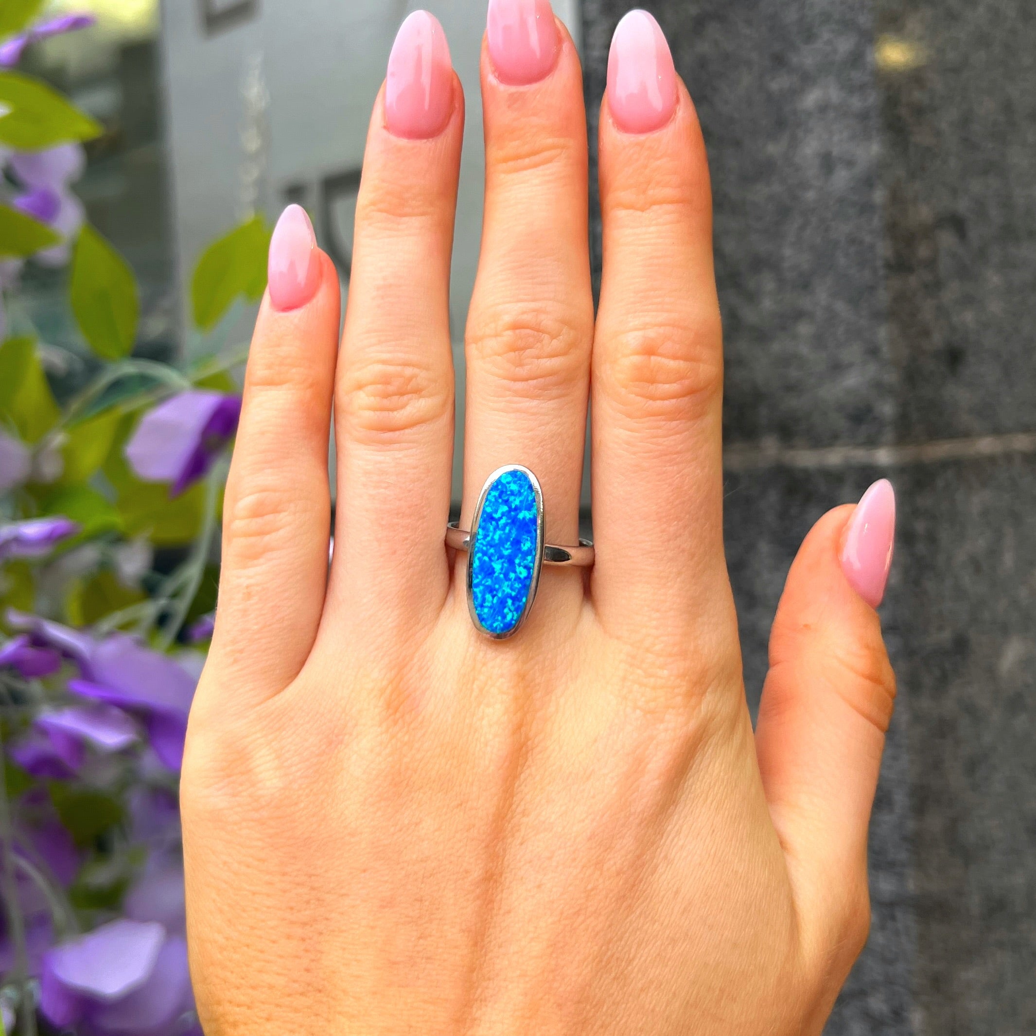 Elongated Oval Flat Opal Sterling Silver Ring | Size N ½