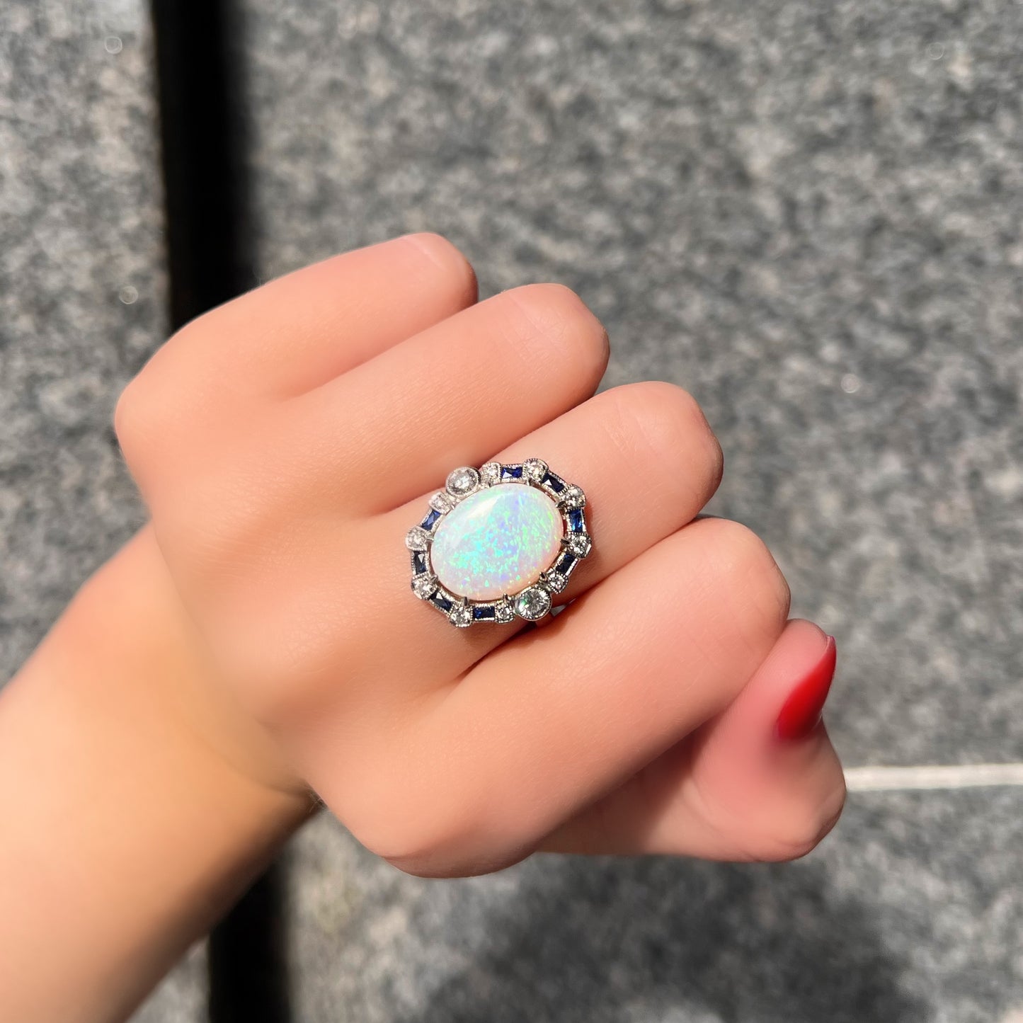 Platinum Opal, Sapphire and Diamond Art Deco Reproduction Ring - Size N ½