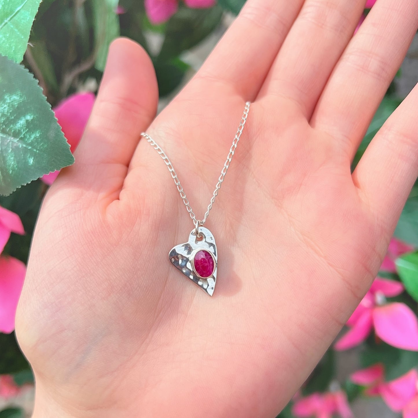 Sterling Silver Hammered Heart Ruby Necklace
