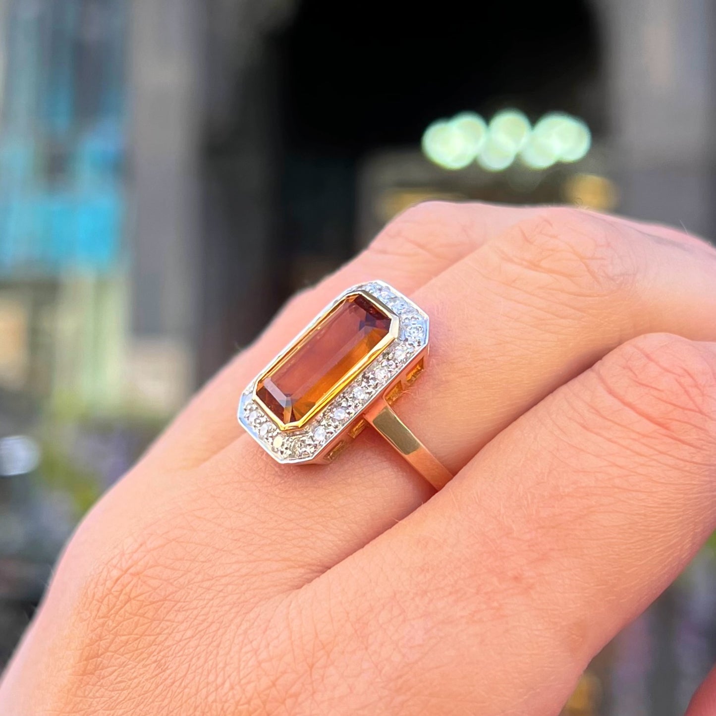 Art Deco Inspired 9ct Yellow Gold Madeira Citrine and Diamond Halo Cocktail Ring - Size N ½