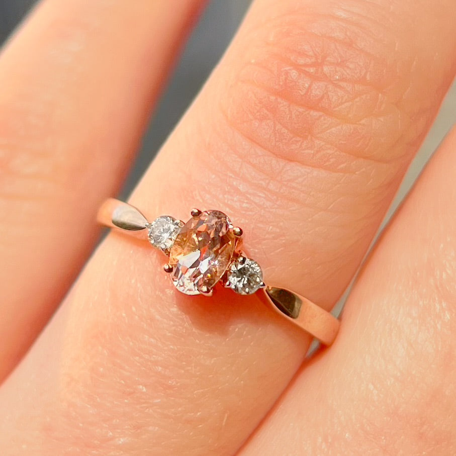 Morganite and Diamond 9ct Rose Gold Trilogy Ring | Size M ½