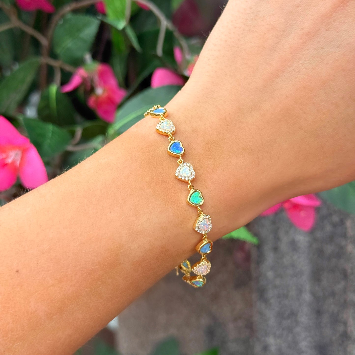Blue & White Opal 9ct Yellow Gold Plated Cubic Zirconia Love Heart’s Bracelet