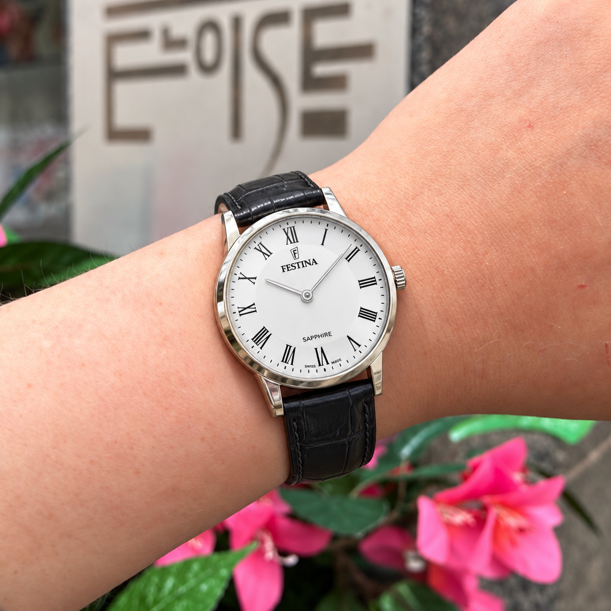Festina | Swiss Steel White Dial Black Leather Strap Watch | Ladies