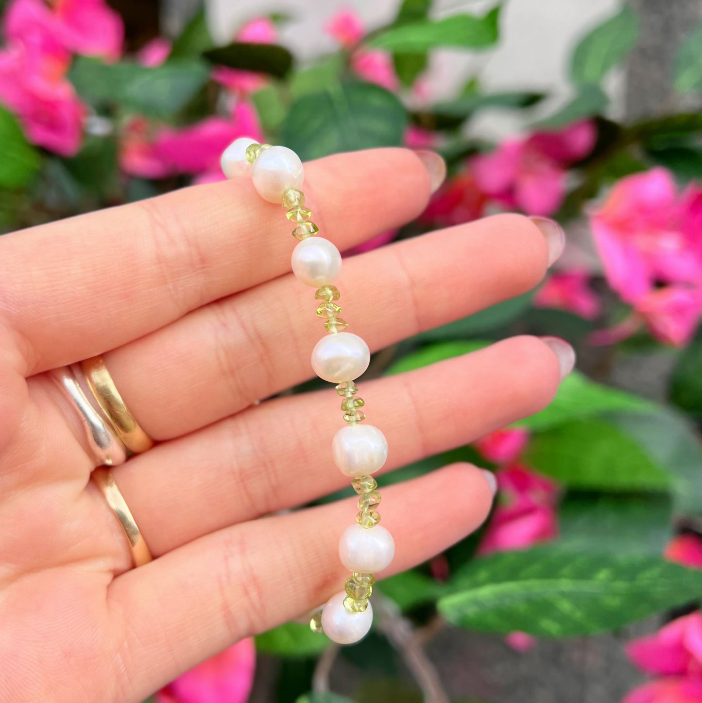 Unique Sterling Silver Peridot and Real Pearl Beaded Bracelet