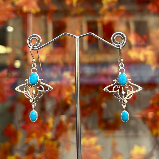 Turquoise Sterling Silver Art Nouveau inspired Drop Earrings