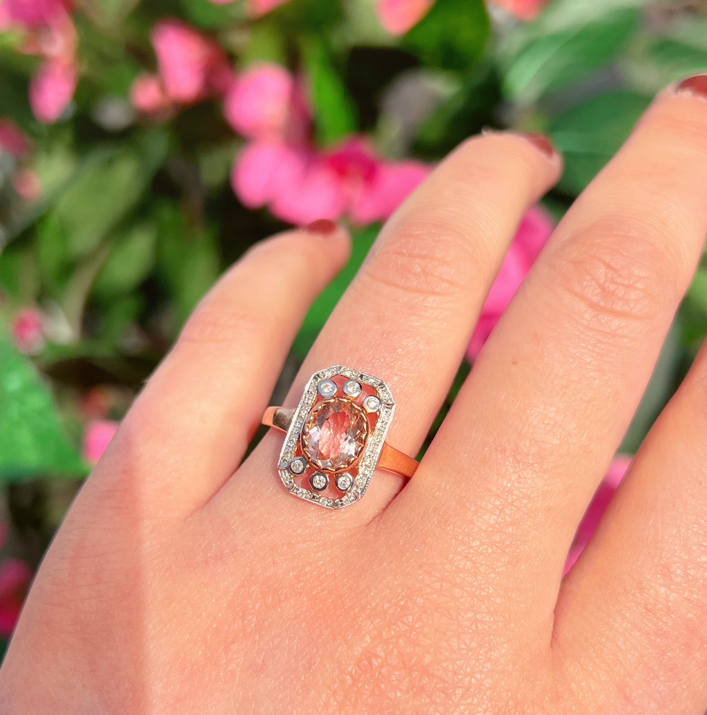 Art Deco Inspired Morganite and Diamond 9ct Rose Gold Ring | Size N ½
