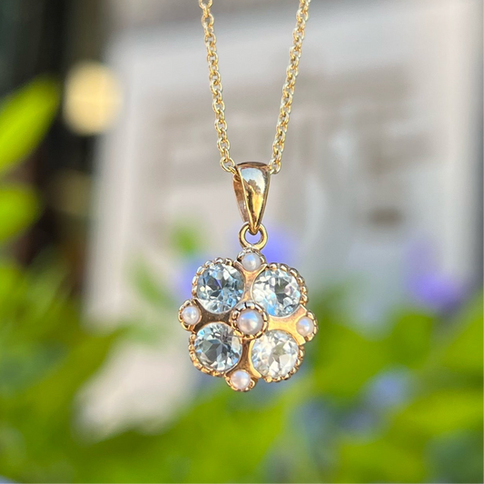 9ct Yellow Gold Aquamarine and Seed Pearl Necklace