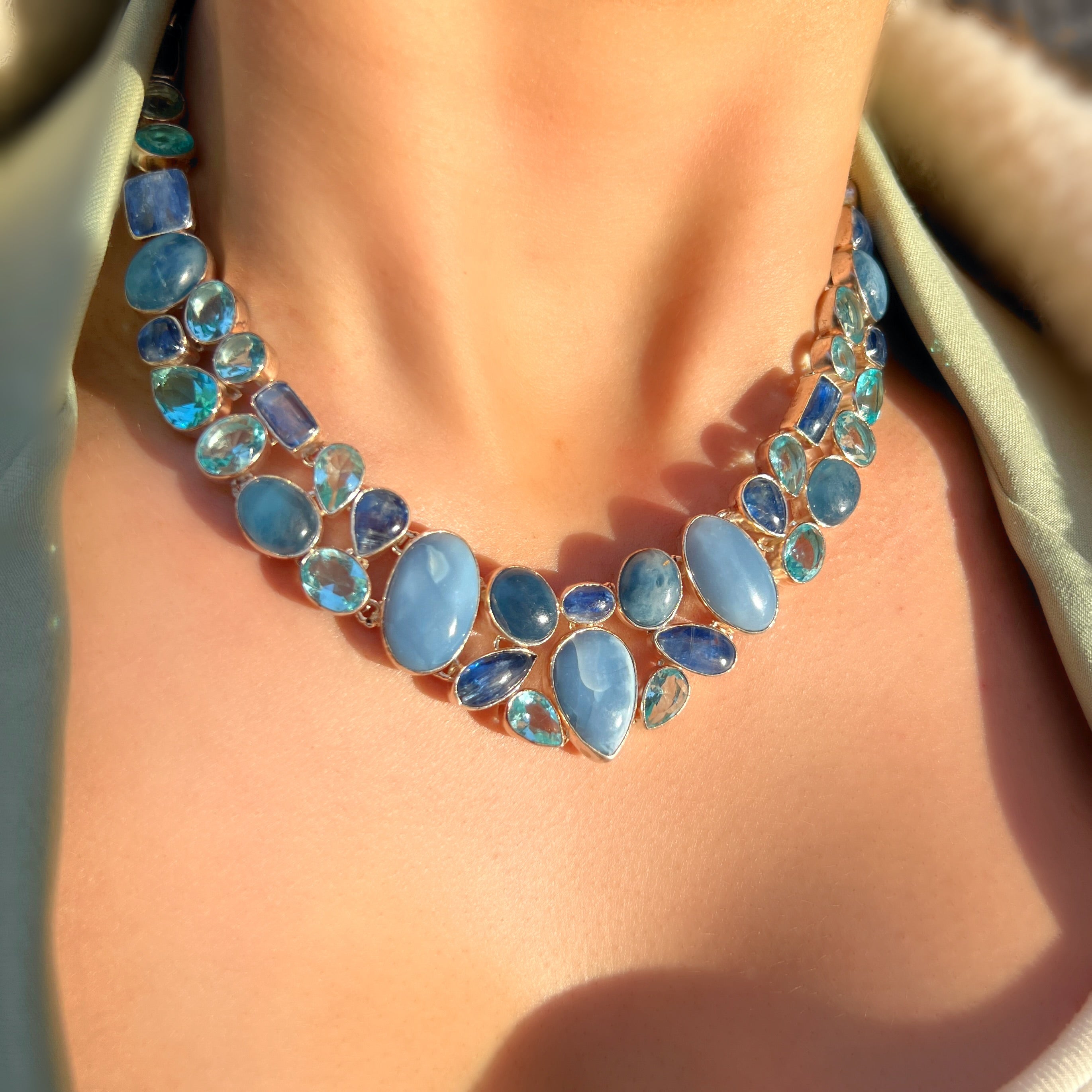 Blue Topaz, Kyanite & Owyhee Opal Sterling Silver Chunky Collar Necklace