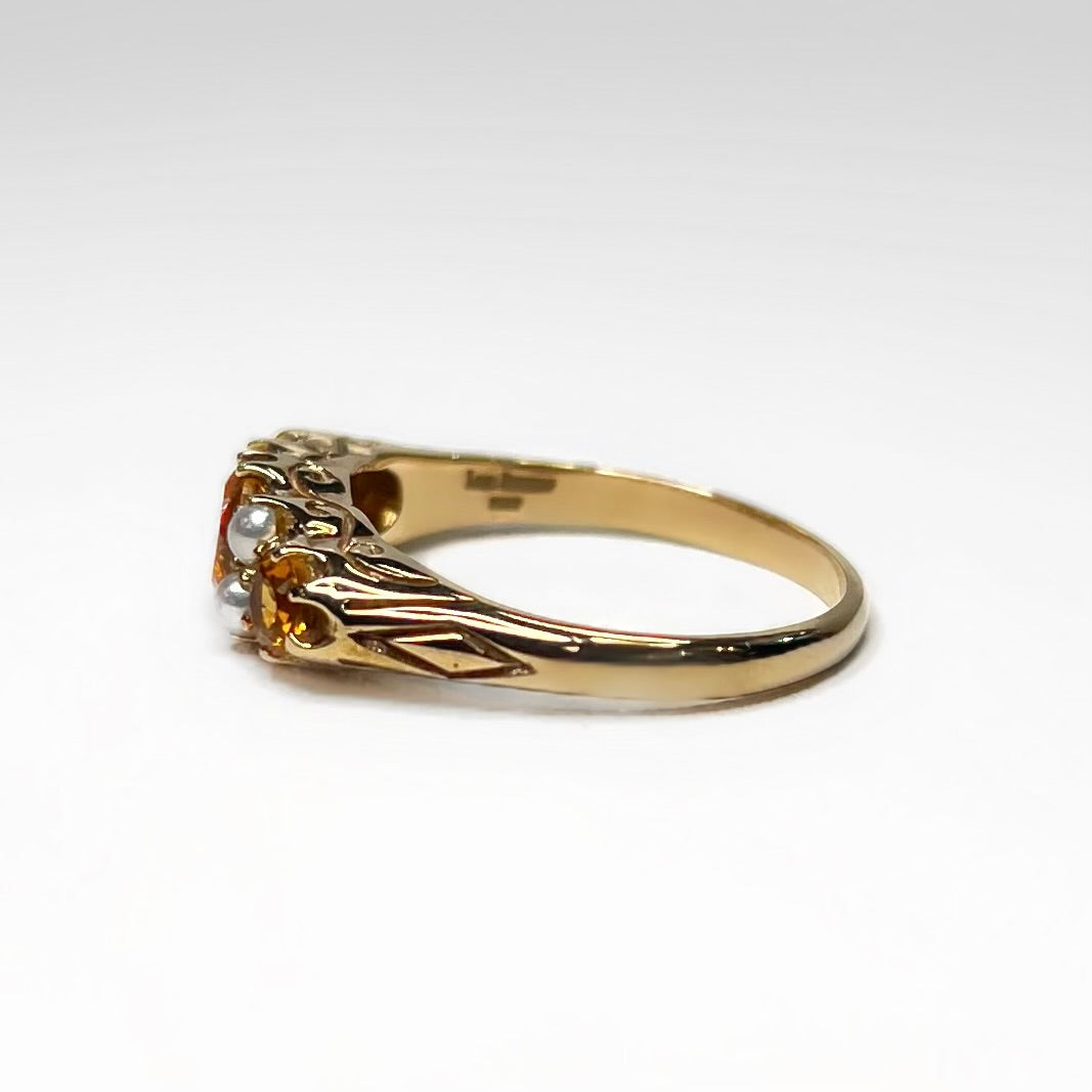 Edwardian Inspired Ornate 9ct Yellow Gold Citrine and Pearl Ring - SIZE O