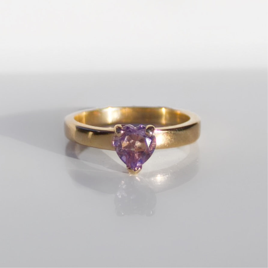 Handmade Vintage Amethyst 9ct Yellow Gold Heart Solitaire Ring | Size M