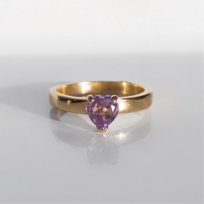 Handmade Vintage Amethyst 9ct Yellow Gold Heart Solitaire Ring | Size M