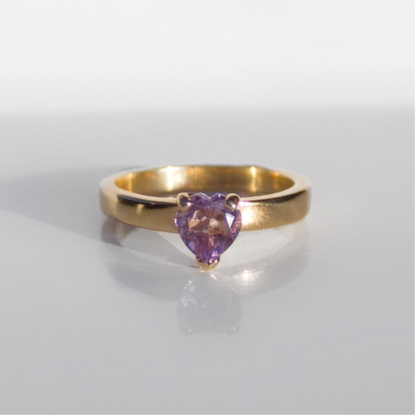 Handmade Vintage 9ct Yellow Gold Amethyst Heart Solitaire Ring - Size M