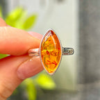 Orange Amber Sterling Silver Marquise Cut Ring | Size M