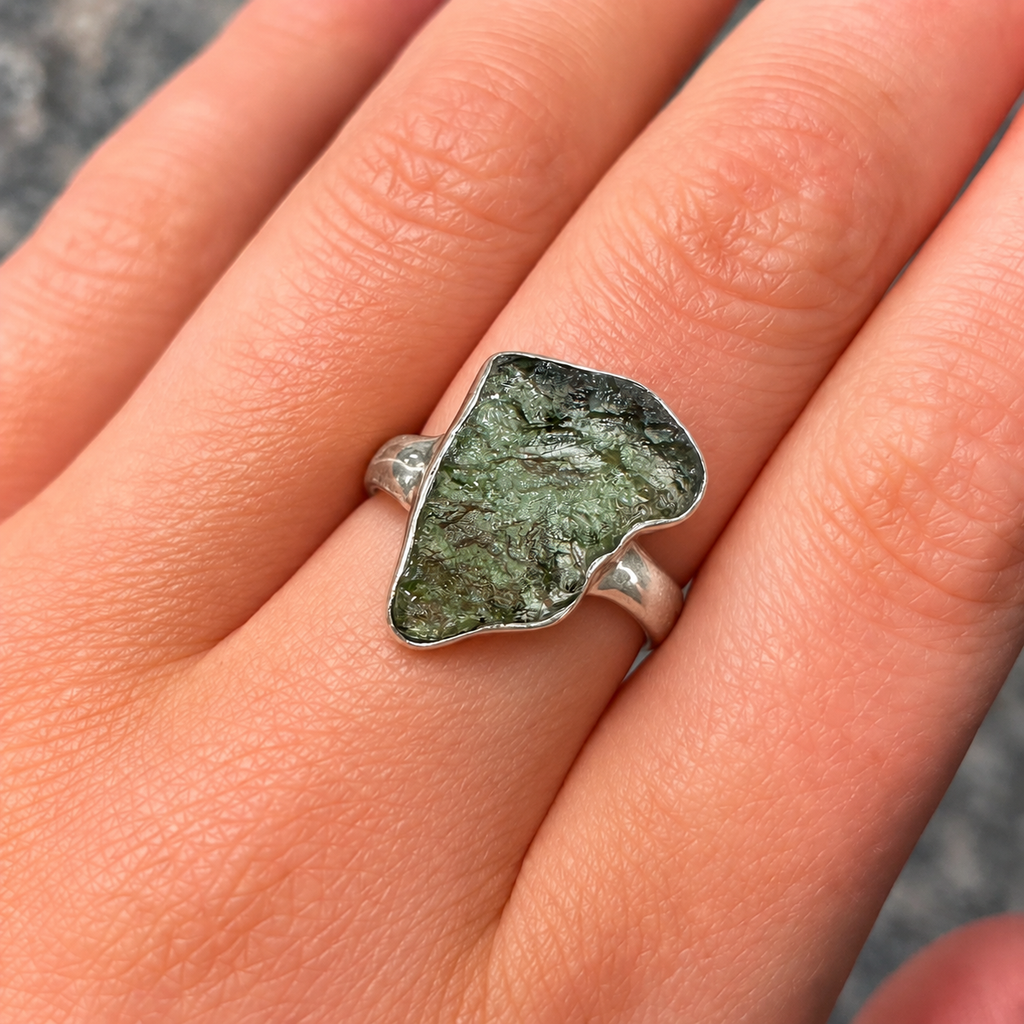 Rough Cut Green Moldavite Sterling Silver Ring | Size M