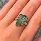 Rough Cut Green Moldavite Sterling Silver Ring | Size M