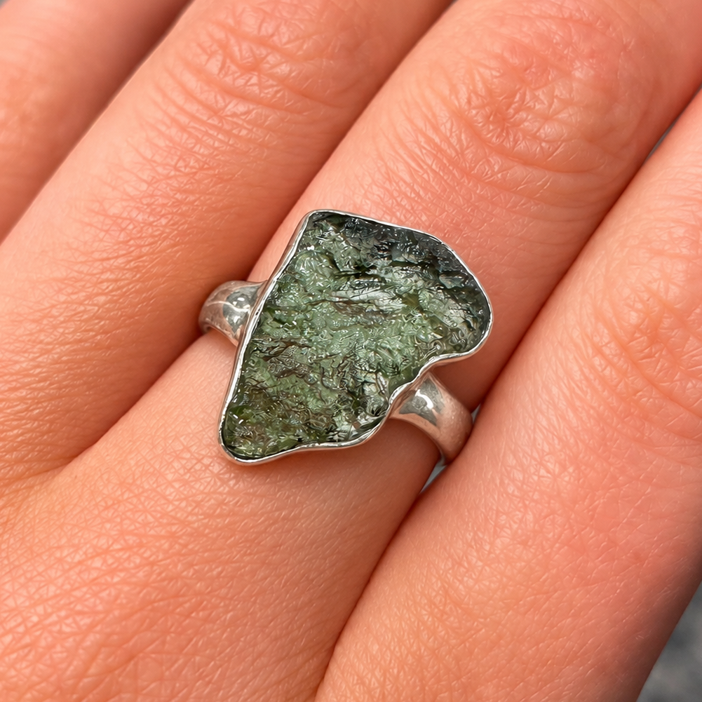 Rough Cut Green Moldavite Sterling Silver Ring | Size M