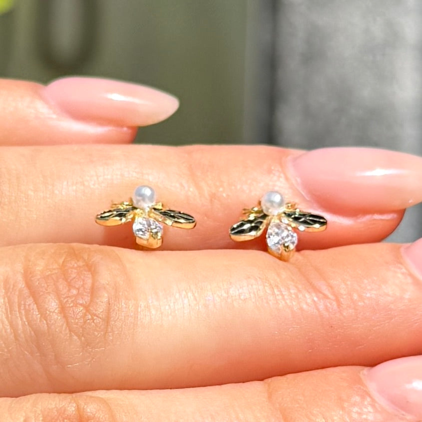 Pearl & Cubic Zirconia Bee Sterling Silver Stud Earrings