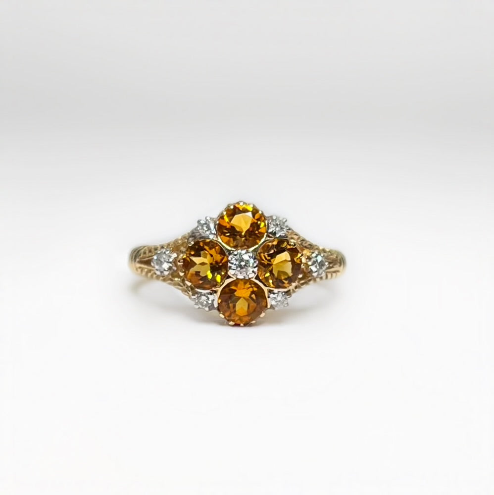 Victorian Inspired 9ct Yellow Gold Citrine and Diamond Forget-me-not Ring - Size M 1/2