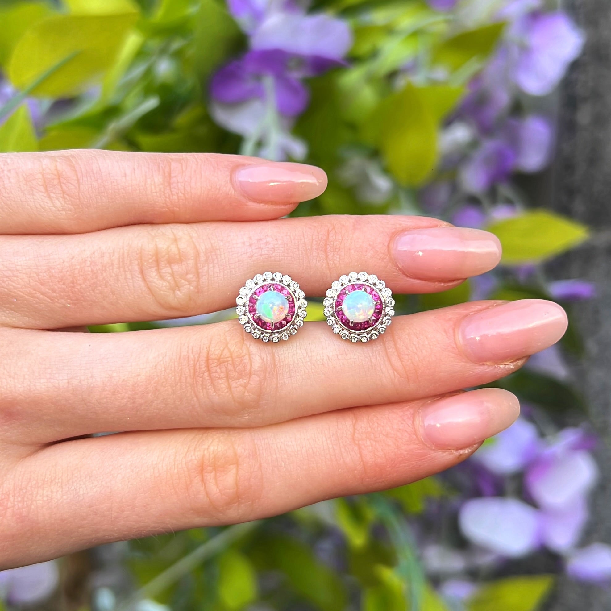 Ruby, Diamond & Opal 18ct White Gold Halo Stud Earrings