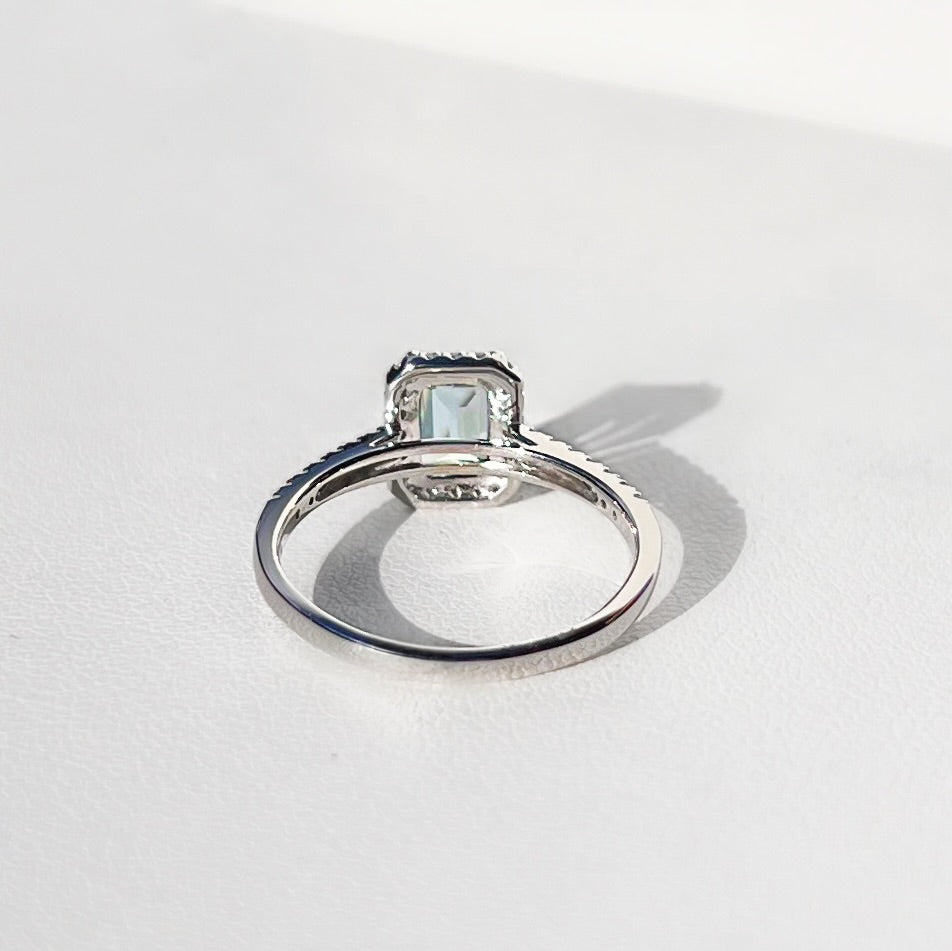 Classy 9ct White Gold Emerald Cut Aquamarine and Diamond Halo Ring - Size N