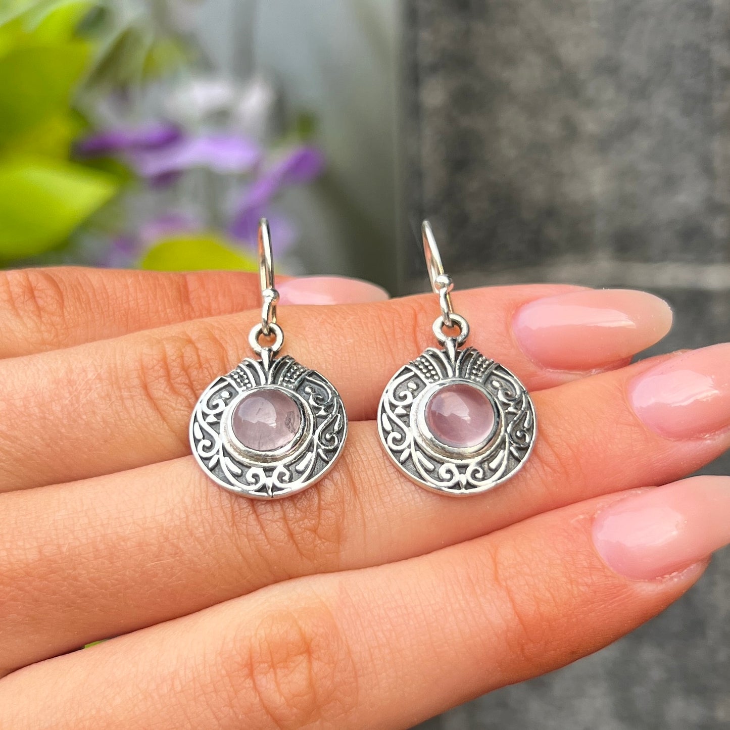 Sterling Silver Boho Pink Rose Quartz Round Drop Earrings