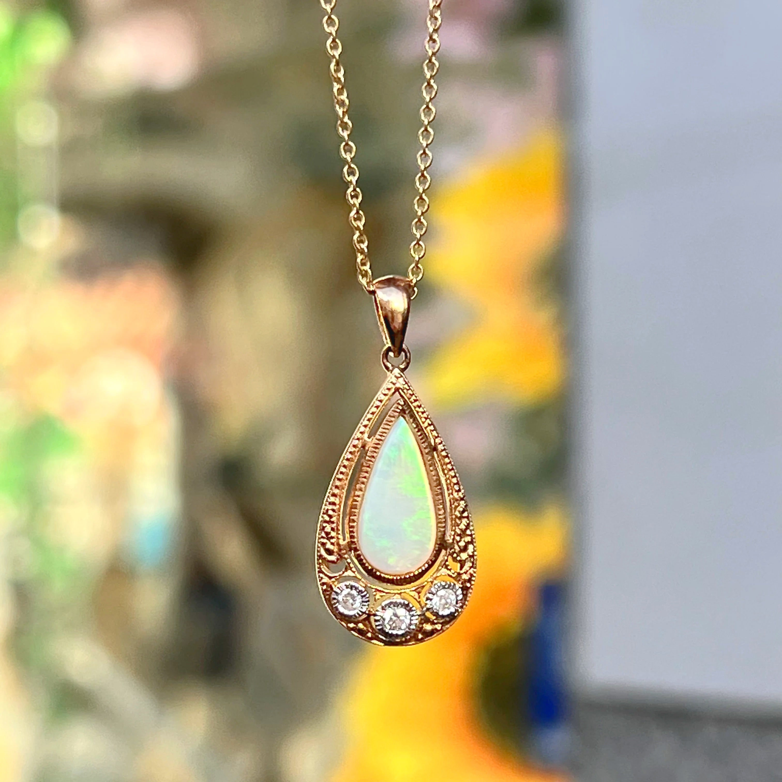 Art Deco Inspired Opal and Diamond 9ct Yellow Gold Necklace